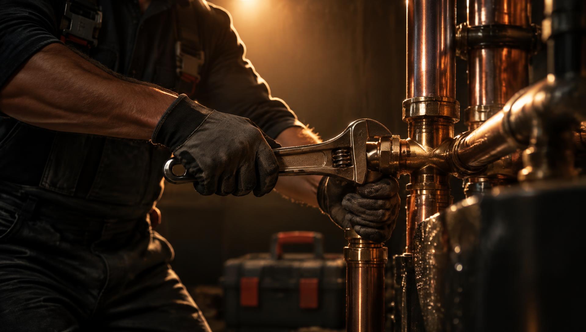 Plumber tightening a brass fitting on copper pipes
