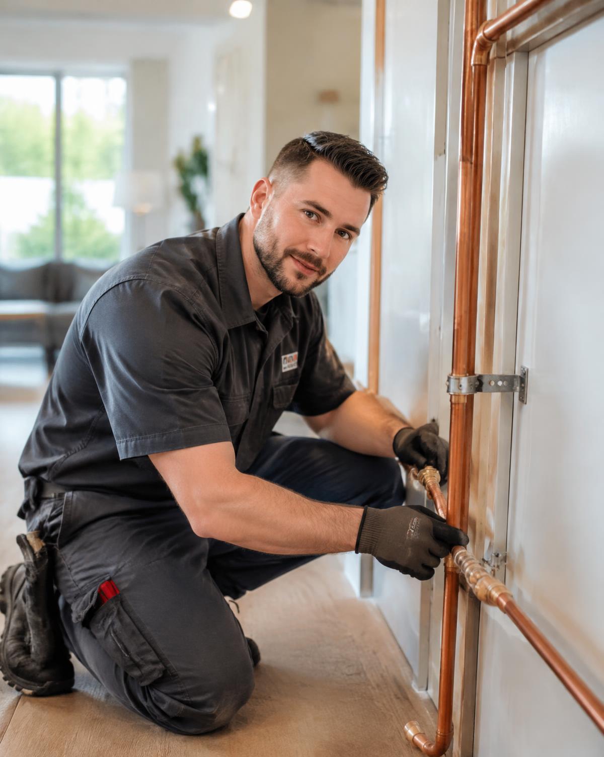 Technical Plumbing technician fitting copper pipes in a home